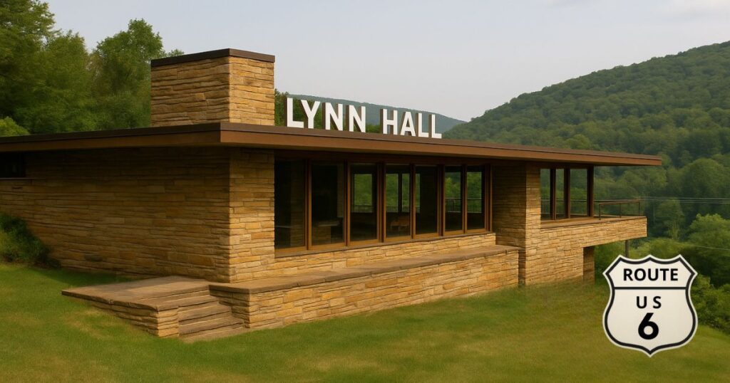Lynn Hall, a historic stone and glass modernist building overlooking forested hills along US Route 6 in Pennsylvania, with a Route 6 highway shield in the corner.