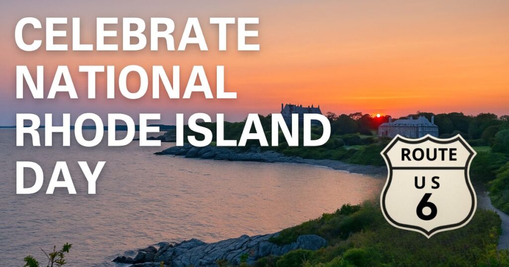 Rhode Island coastline at sunset with bold white Arial text reading ‘Celebrate National Rhode Island Day, October 5,’ and a Route 6 highway shield in the bottom-right corner with padding.