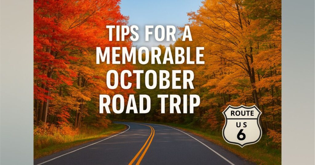“Autumn road lined with colorful fall foliage and text reading ‘Tips for a Memorable October Road Trip,’ with the Route 6 highway shield in the corner.”