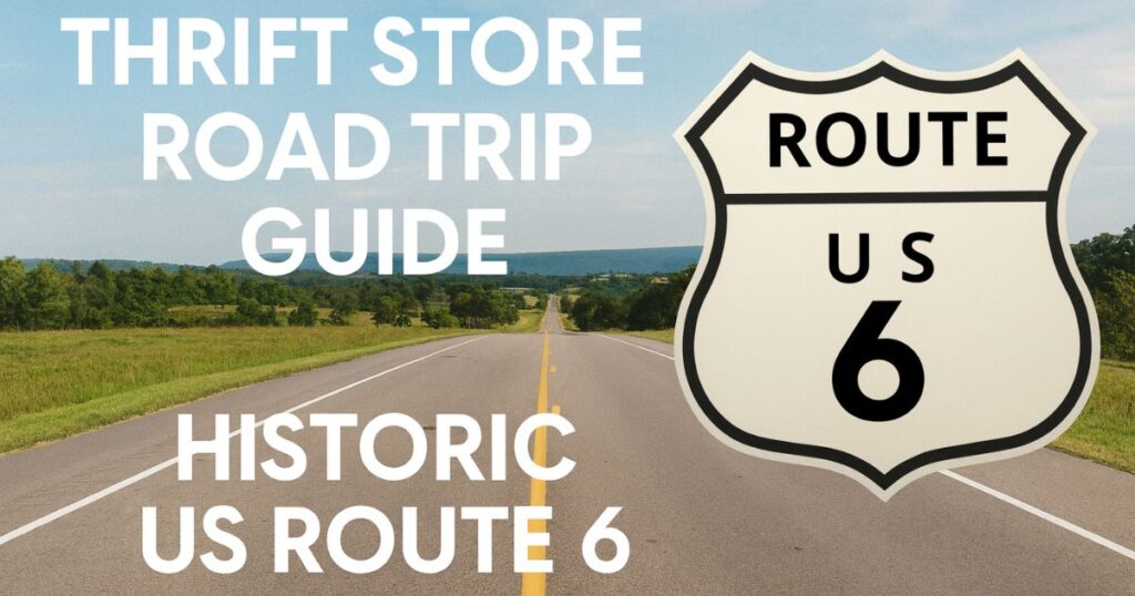 A two-lane highway stretches into the distance under a blue sky with the Route 6 sign on the right. Text reads ‘Thrift Store Road Trip Guide – Historic US Route 6,’ representing a coast-to-coast vintage shopping adventure across America.