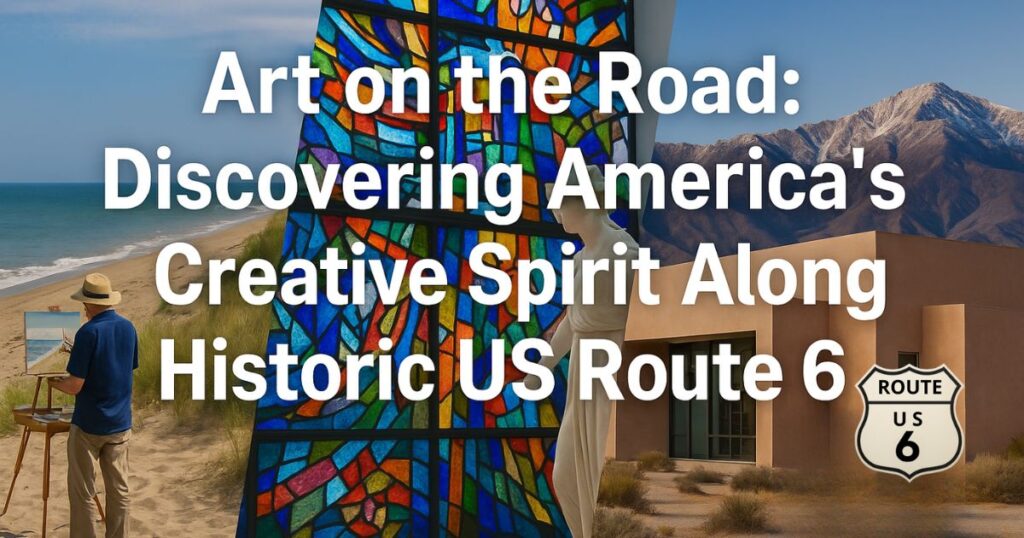 Collage of art and scenery along US Route 6 featuring an artist painting on a Cape Cod beach, a colorful stained-glass window representing the Toledo Museum of Art, and a modern desert gallery set against California mountains, with the Route 6 highway shield in the bottom-right corner.