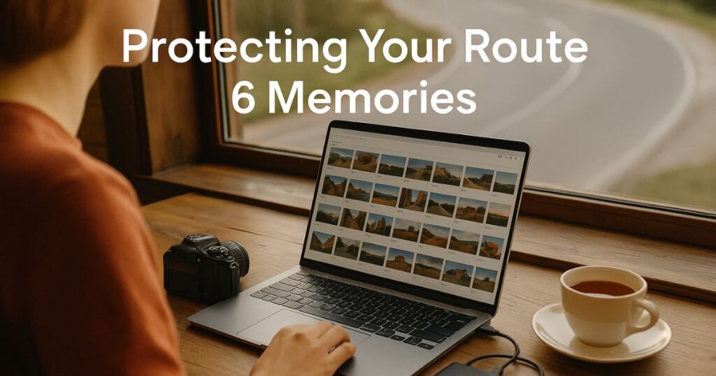 “Traveler at a roadside café organizing photos from Historic US Route 6 on a laptop, with a camera and cup of tea beside them — symbolizing the importance of backing up travel memories safely.”