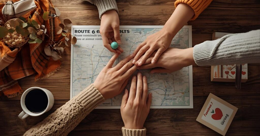 A warm, community-focused image showing hands joining together over a Route 6 map on a wooden table, symbolizing unity and generosity. Include subtle s easonal accents (a cozy scarf, a coffee mug, or a giving-themed note). Soft natural lighting should evoke gratitude and hope