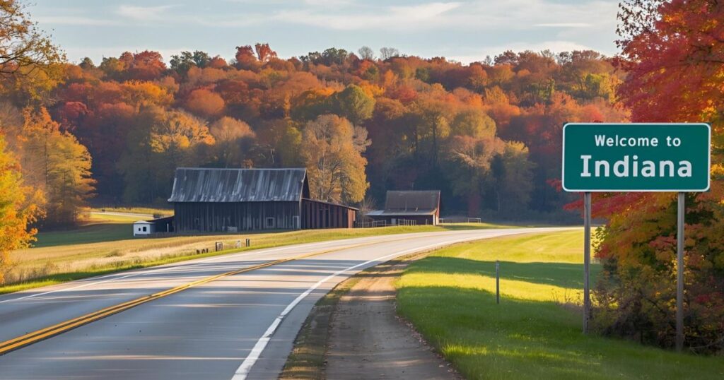 A rural highway curves past old wooden barns and open fields beneath a hillside of vibrant autumn foliage, with a green “Welcome to Indiana” road sign in the foreground.
