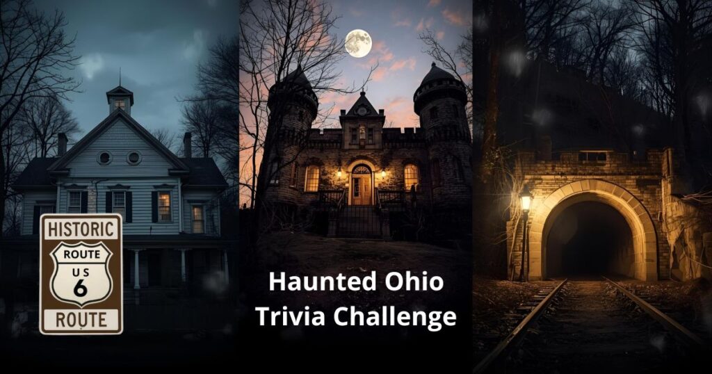at night under a full moon with Halloween mist and text Haunted Ohio Trivia Challenge.