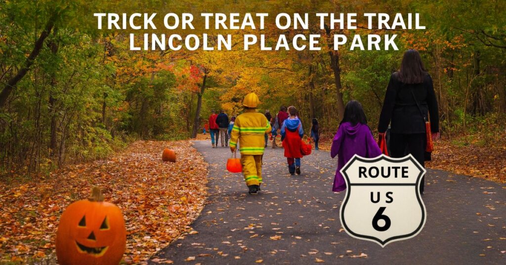 Families enjoying Trick or Treat on the Trail at Lincoln Place Park in Gretna, with costumed children walking along a colorful autumn trail decorated for Halloween.