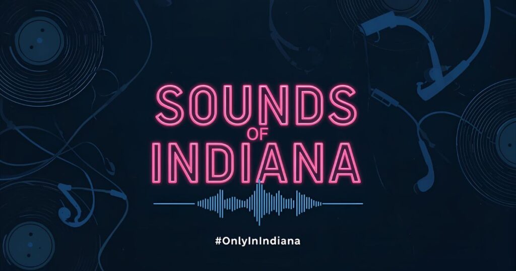 Neon pink ‘Sounds of Indiana’ title above a blue soundwave graphic on a dark navy music-themed background with vinyl records and audio cables