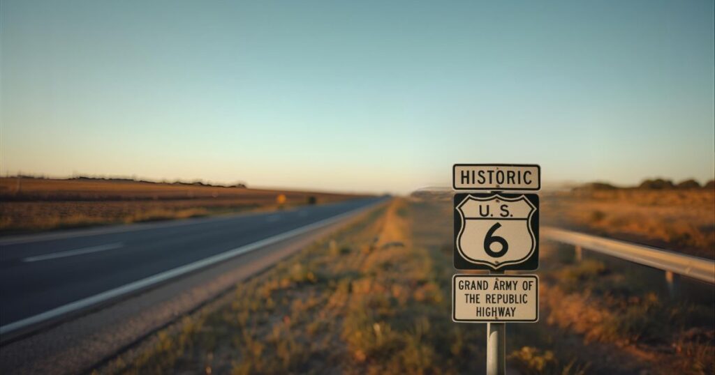 Historic US Route 6 Grand Army of the Republic Highway marker honoring Union Civil War veterans with a cross-country memorial designation.