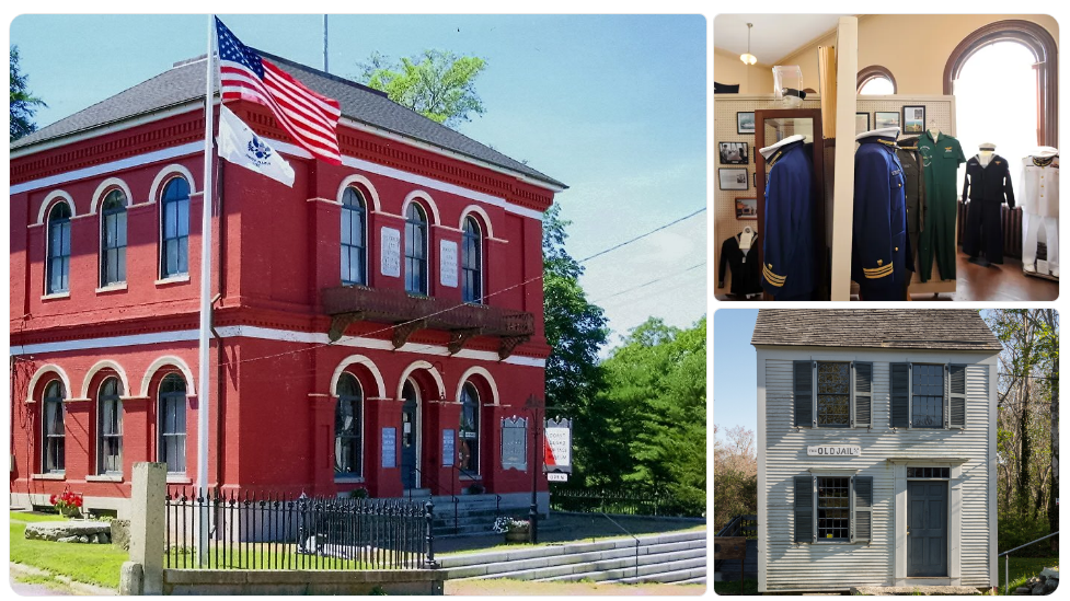 Collage showing the Coast Guard Heritage Museum in Barnstable, Massachusetts. Left: the historic red-brick 1856 U.S. Customs House with American and Coast Guard flags. Top right: interior exhibit with vintage Coast Guard uniforms on display. Bottom right: the white wooden ‘Old Jail’ building dating back to the 1600s, located on the museum grounds.