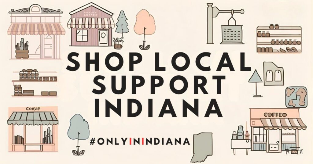 Illustrated banner featuring Indiana storefronts, cafés, markets, and local shops surrounding the bold message “Shop Local. Support Indiana.” Soft pastel tones and an outline of the Indiana state shape complete the design.