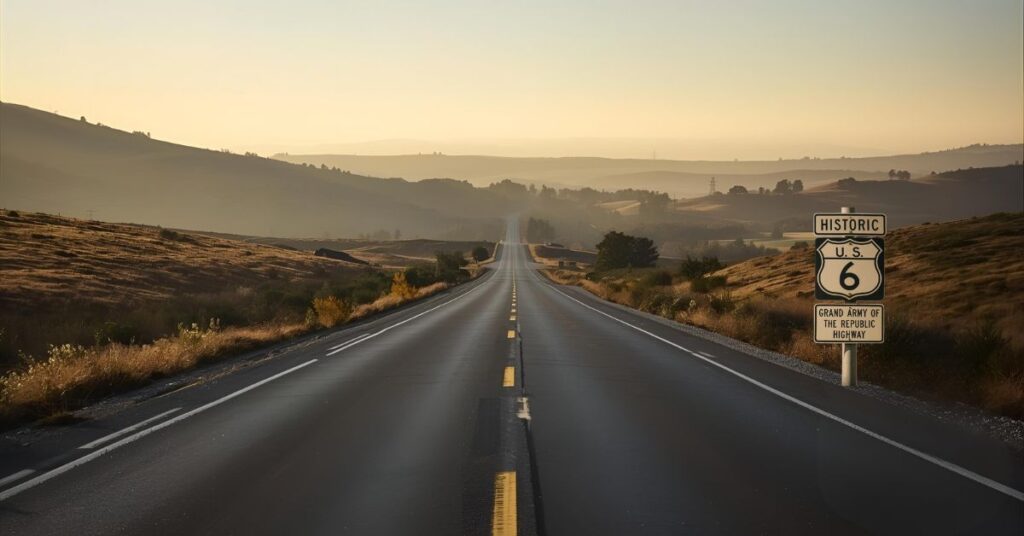 Scenic landscape showing Historic US Route 6 stretching into rolling hills under warm light.