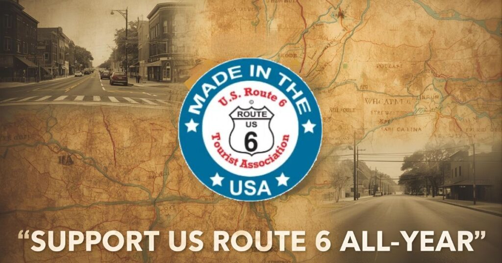 “Historic US Route 6 shield overlaid on a US map with photos of small-town streets and a GivingTuesday message encouraging year-round support.”