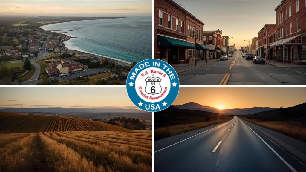  The Historic US Route 6 shield surrounded by small scenic images from multiple states along the route.