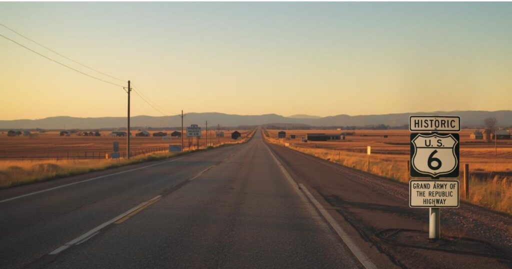 Scenic stretch of Historic US Route 6 with open road, small towns, and classic Route 6 highway signage.