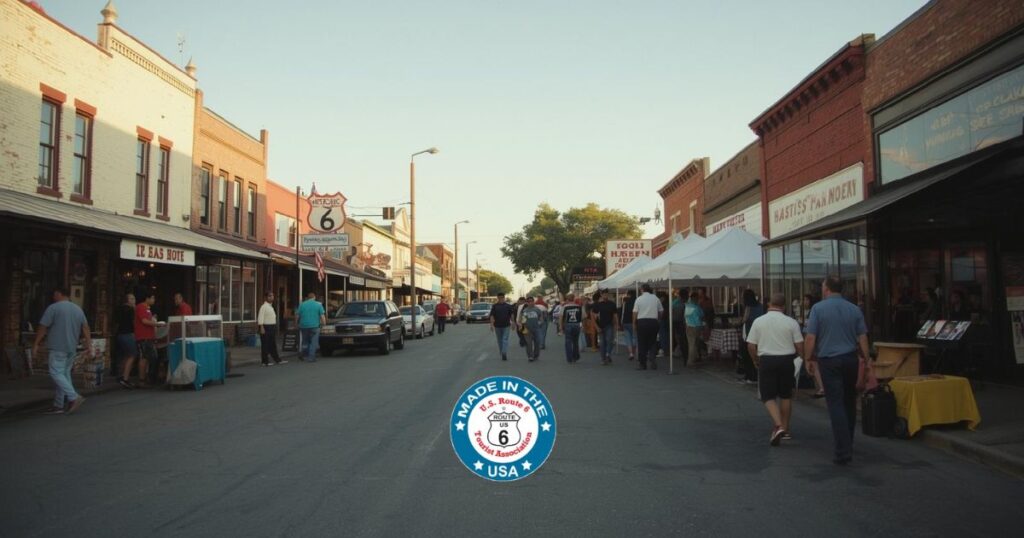  Panoramic view of a Historic US Route 6 community festival with local vendors, museum banners, and a Route 6 highway sign celebrating regional heritage.