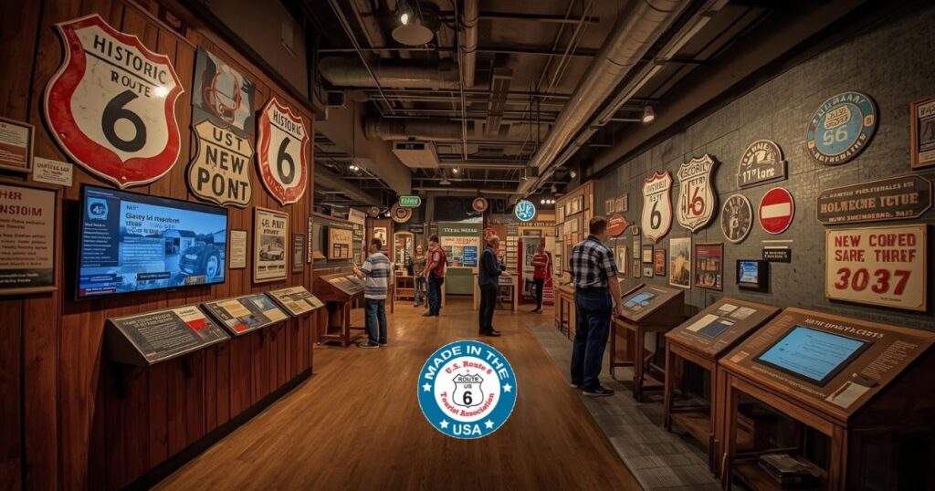 Interior view of a museum along Historic US Route 6 featuring transportation artifacts, interpretive displays, and community history exhibits