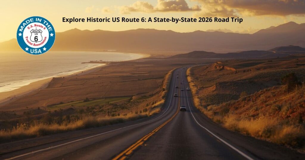 Cinematic highway scene showing Historic US Route 6 landscapes from coast to coast under warm sunset light.