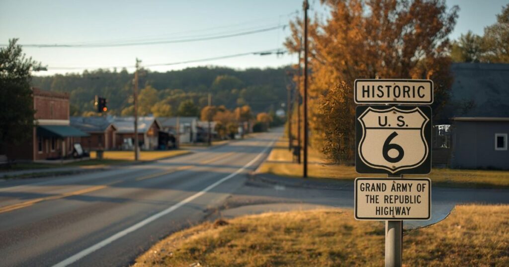 About donations for Historic US Route 6 signage overlooking a small town main street
