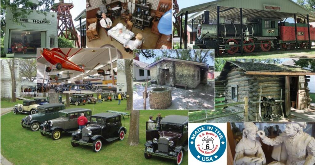 Historic buildings and exhibits at Pioneer Village museum in Minden Nebraska along US Route 6