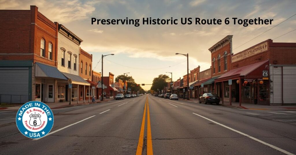 Historic US Route 6 highway passing through a small American town, representing community-led preservation and heritage tourism