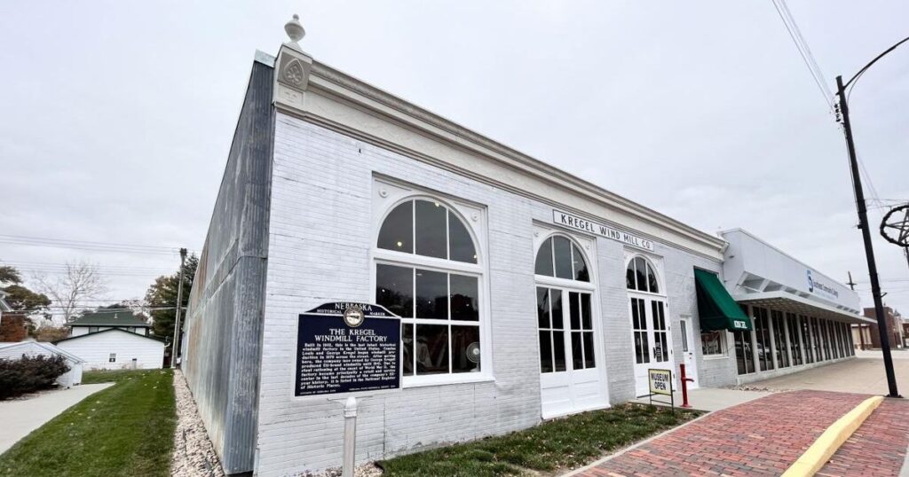 Exterior of the historic Kregel Windmill Factory Museum in Nebraska City