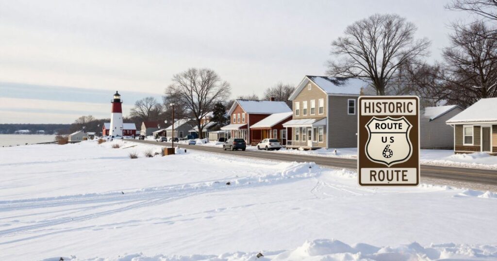 Snowy lakeshore and small town along U.S. Route 6 in Ohio during winter