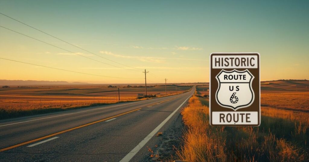 Historic US Route 6 highway shield with scenic roadway background