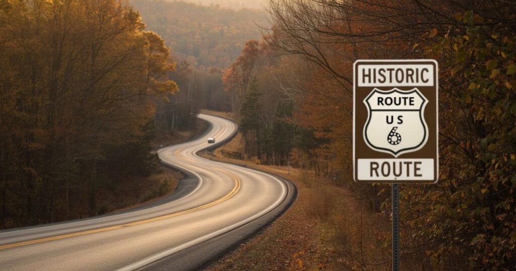 Sunrise view of US Route 6 winding through forested hills in Pennsylvania