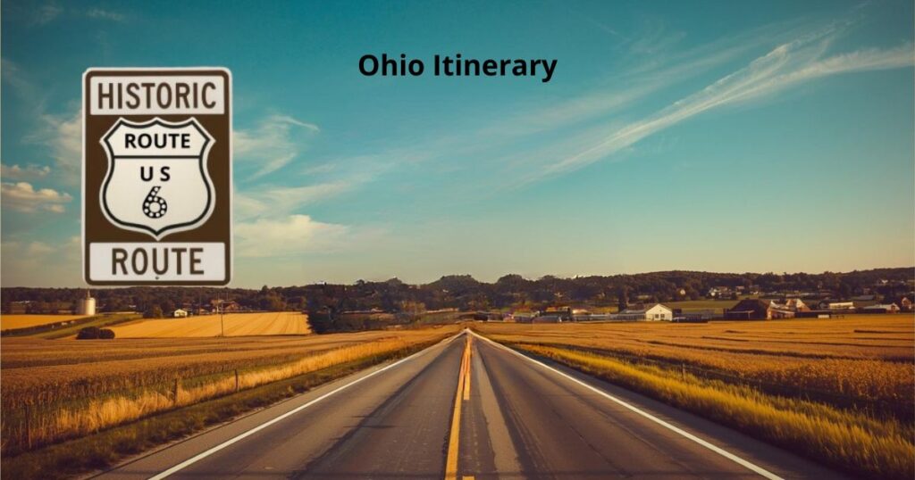 Route 6 shield over a scenic Ohio highway with small town surroundings