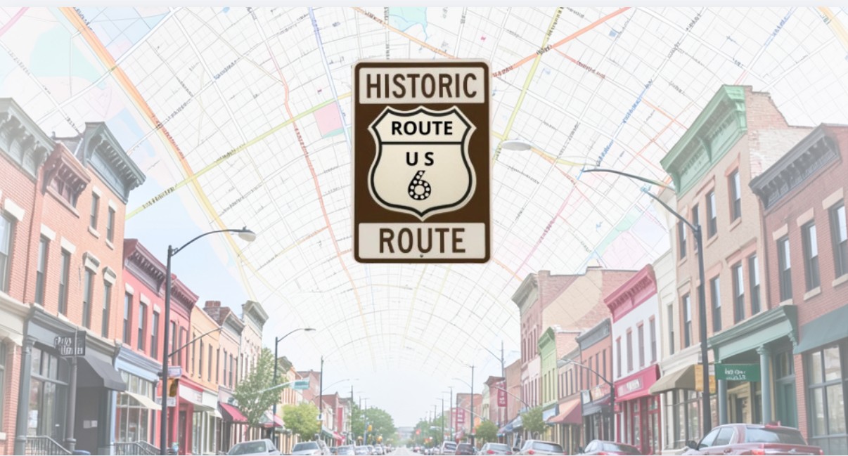 US Route 6 highway sign with historic corridor map background