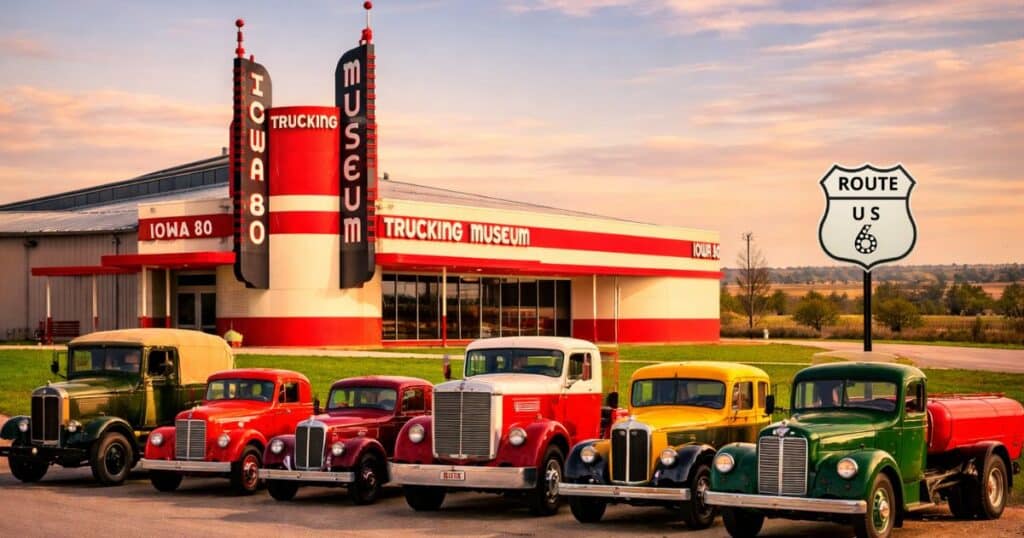 Exterior of Iowa 80 Trucking Museum with antique trucks parked outside in Iowa