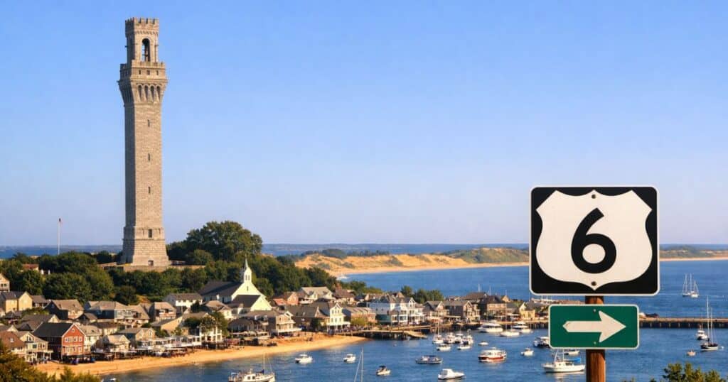 Pilgrim Monument rising above Provincetown with harbor and coastline in view