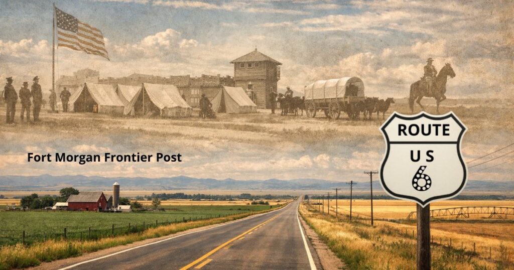 Historic themed US Route 6 highway scene near Fort Morgan Colorado showing plains landscape and frontier military camp illustration