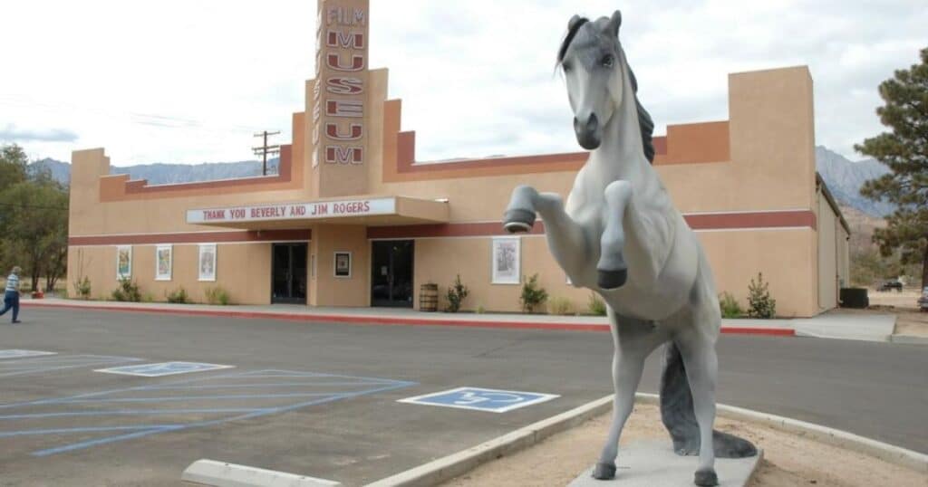 Lone Pine Museum of Western Film History with Alabama Hills and Sierra Nevada backdrop