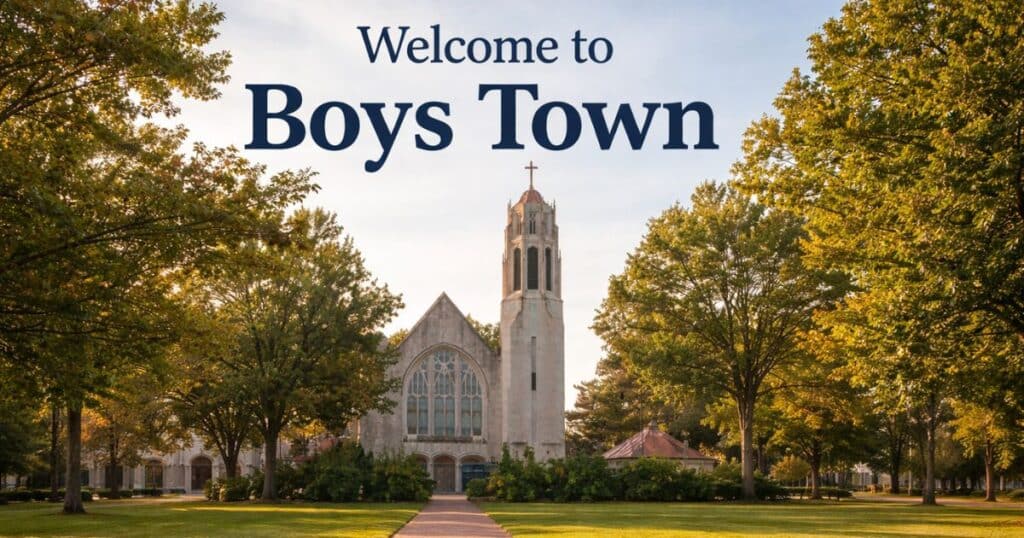 Boys Town Nebraska campus, Dowd Memorial Chapel, tree lined paths, warm daylight,