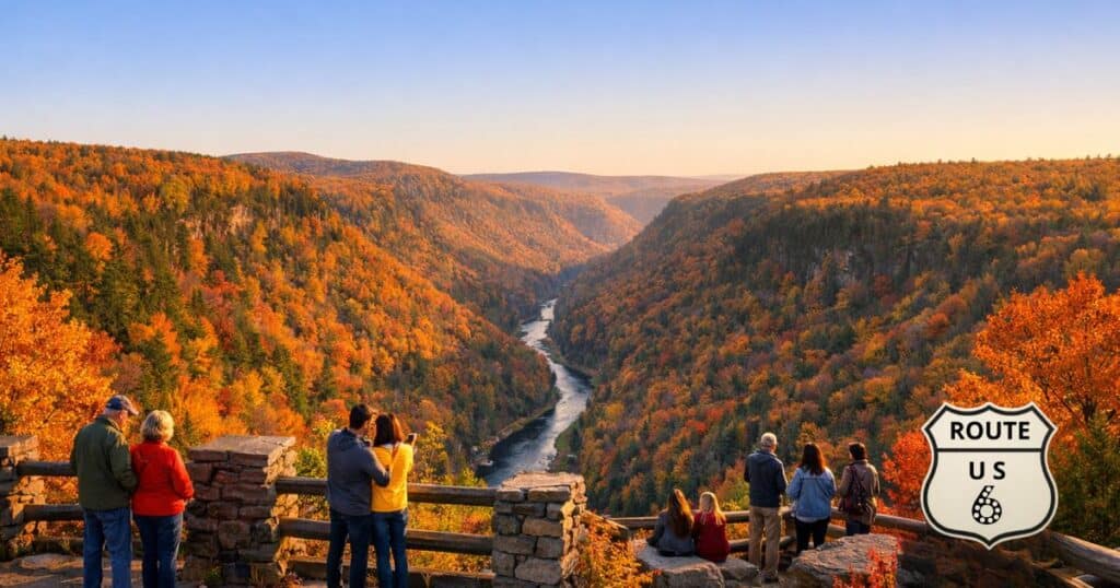 Wide view of Pine Creek Gorge with colorful fall foliage and visitors at overlook