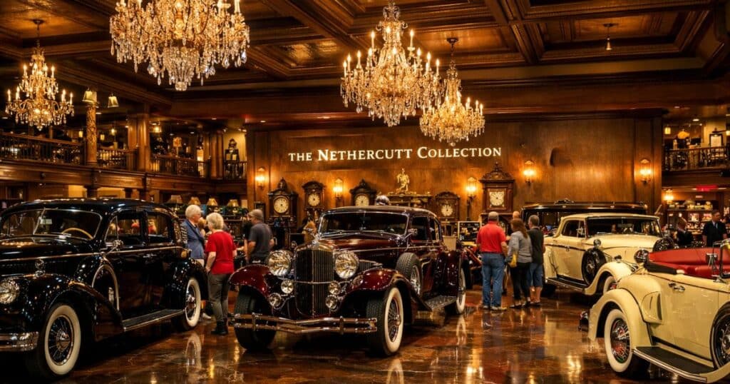 Interior of Nethercutt Collection with vintage cars and chandeliers