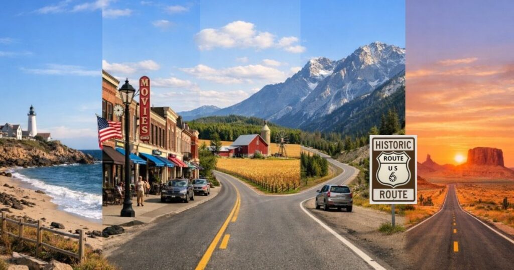 Scenic collage representing landscapes along US Route 6 from coastal Massachusetts to the mountains and deserts of the western United States