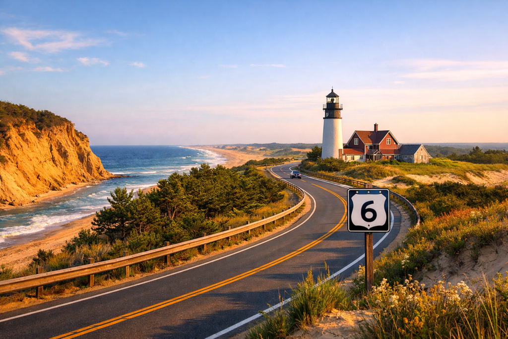 Atlantic coast cliffs and sandy beach at Wellfleet Massachusetts along US Route 6 on Cape Cod