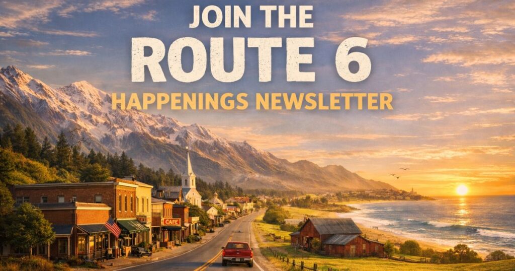 Scenic highway scene representing US Route 6 travel across multiple American landscapes promoting the Happenings newsletter.