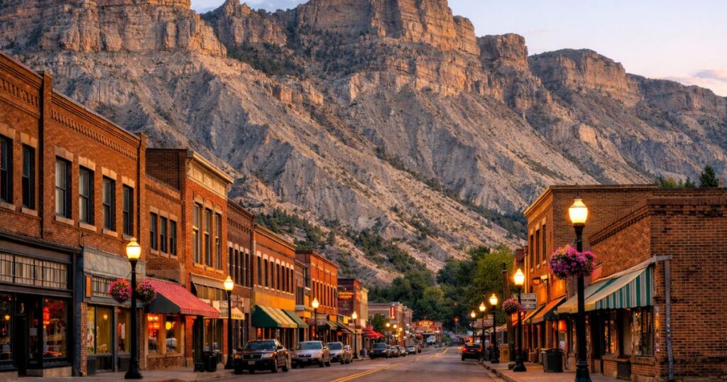 A scenic view of historic brick buildings and vintage neon signs on Helper Main Street against a backdrop of Utah’s rocky cliffs.