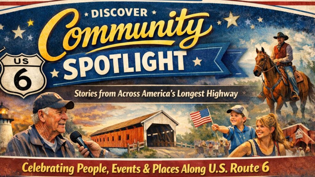 Small town main street along US Route 6 with community members and local storefronts representing stories featured in Community Spotlight