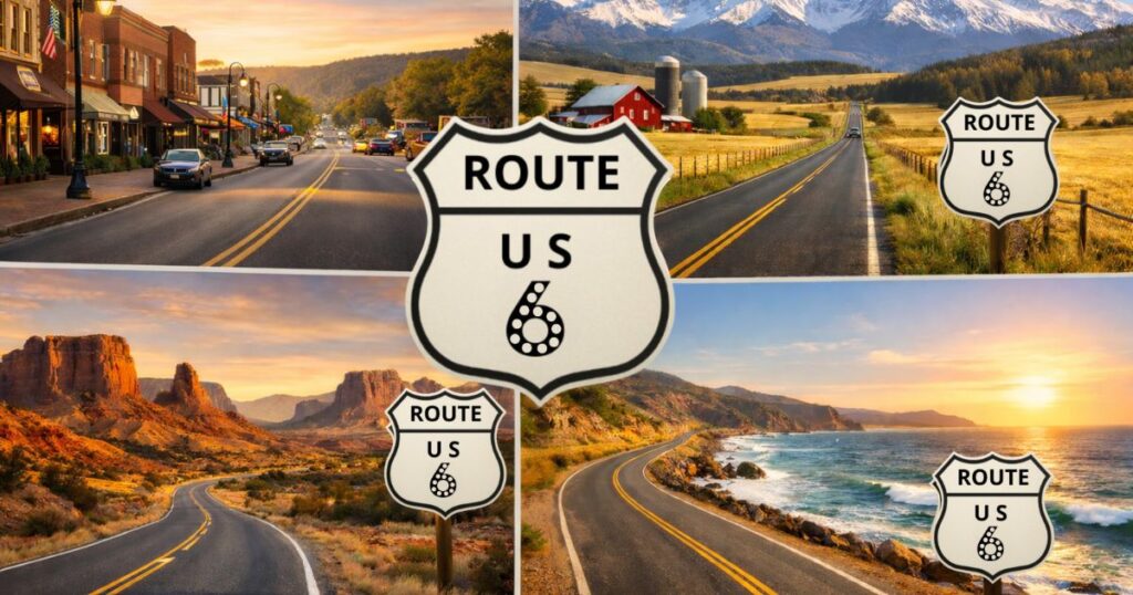 Illustration of US Route 6 highway crossing multiple American landscapes including towns, mountains, farmland, desert, and coast.