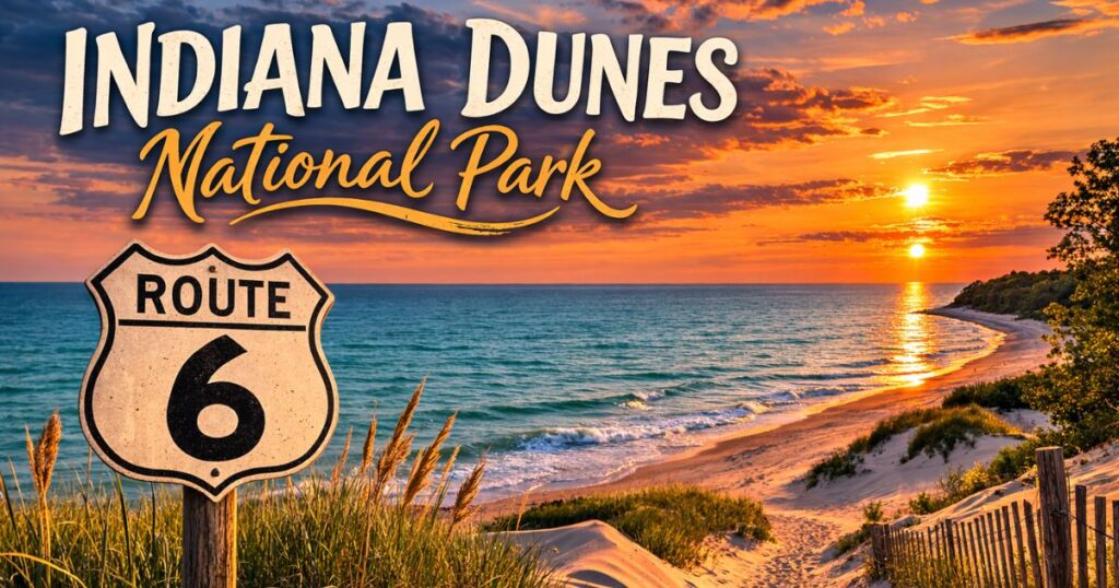 Indiana Dunes National Park sand dunes and Lake Michigan shoreline accessible from US Route 6 in Indiana