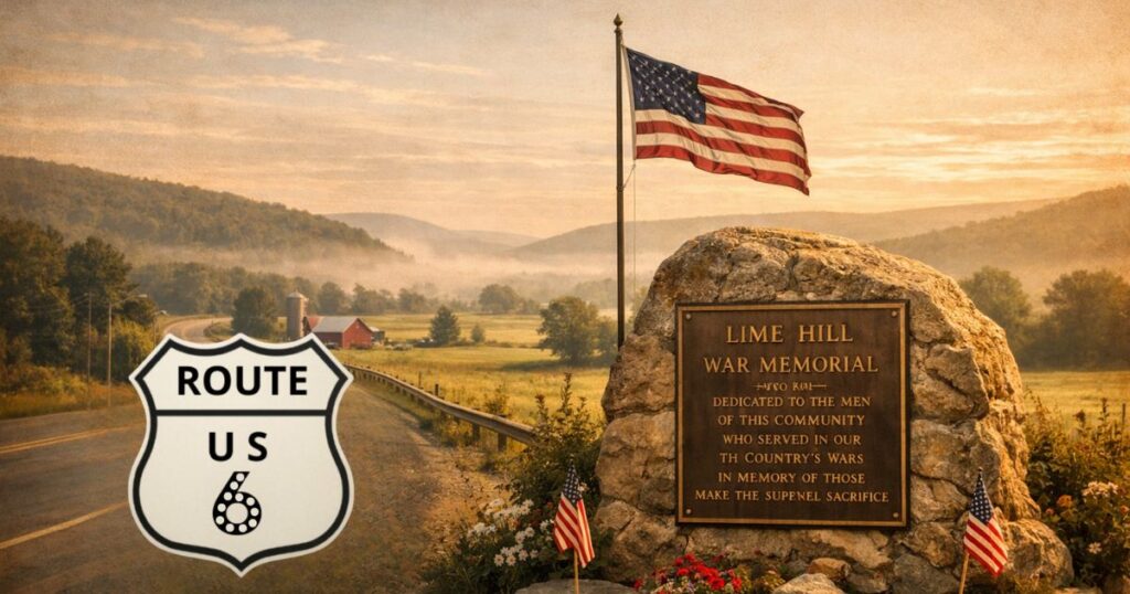 Lime Hill War Memorial Marker beside US Route 6 in rural Pennsylvania landscape