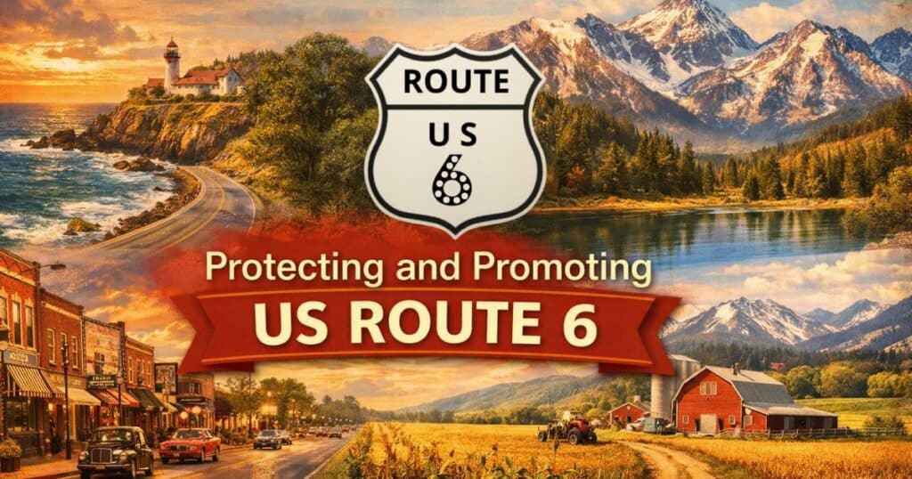 Scenic US Route 6 highway collage with mountains, small towns, and coastline