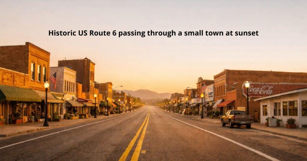 Historic US Route 6 passing through a small town at sunset