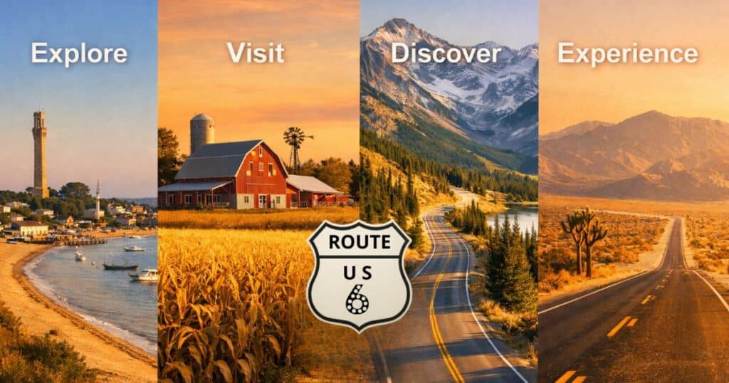 Scenic US Route 6 collage showing coastline farmland mountains and desert under clear sky