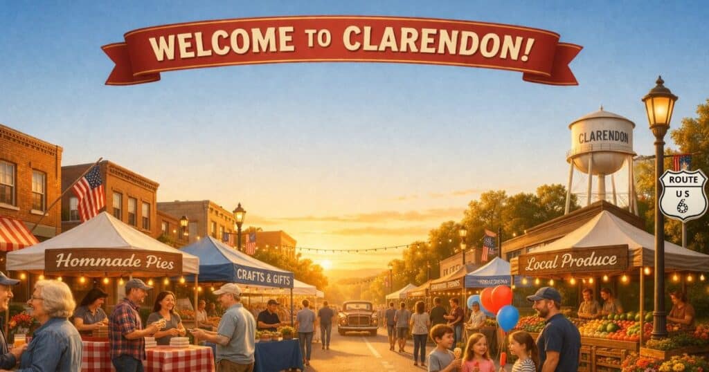 Clarendon community event scene with people gathering and sharing local stories along US Route 6