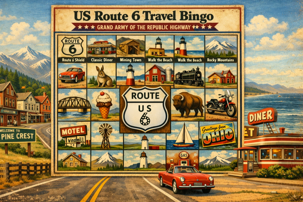 Illustration of US Route 6 highway scene with travel bingo card featuring roadside attractions and scenic landmarks.